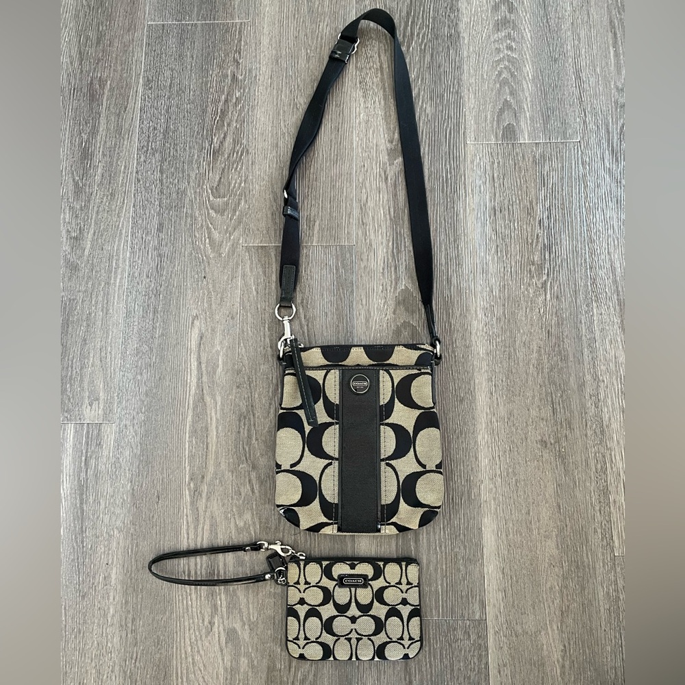 Coach Signature Monogram Small Crossbody Purse & Wristlet